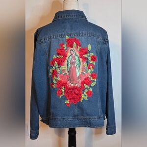 Virgen De Guadalupe denim Blue jacket Sz 3X /embroidered 3D Apliques Rhinestones